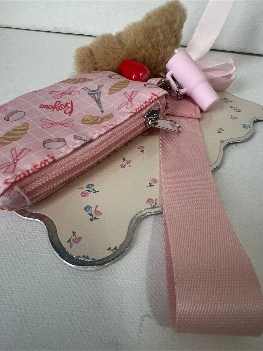 Dream Pink Coin Purse w Wrist Strap and Croissant, Strawberry, Tumbler Charms